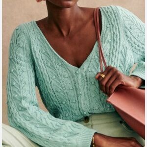 Sezane Beryl Cardigan Jumper Large Sea Green 100% Cotton Puff Sleeve Fancy Knit